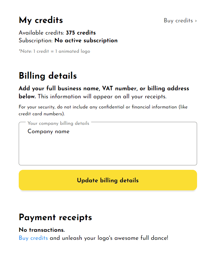 DanceLogo billing page