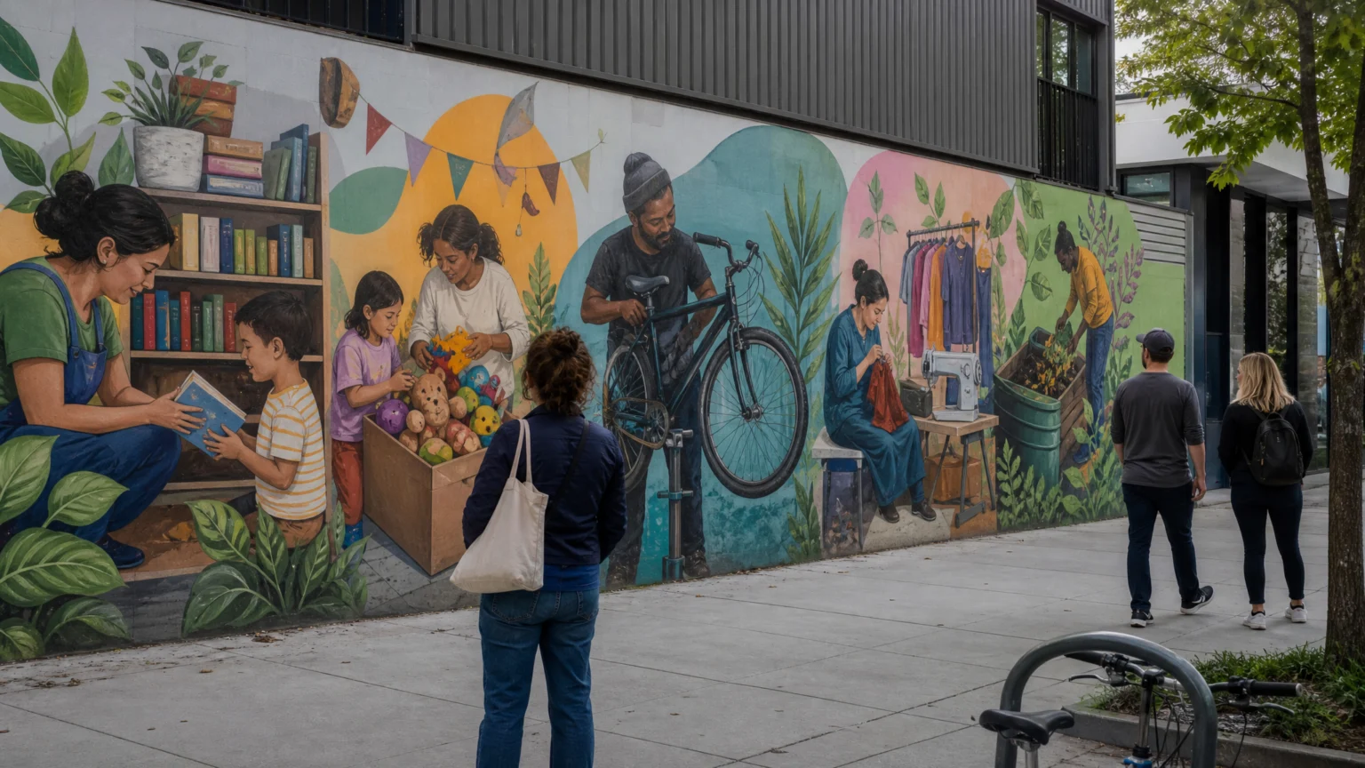 Street scene showing a long colorful public mural on an urban community hub wall, with illustrated motifs suggesting book swaps, toy swaps, bicycle repair, clothing repair.