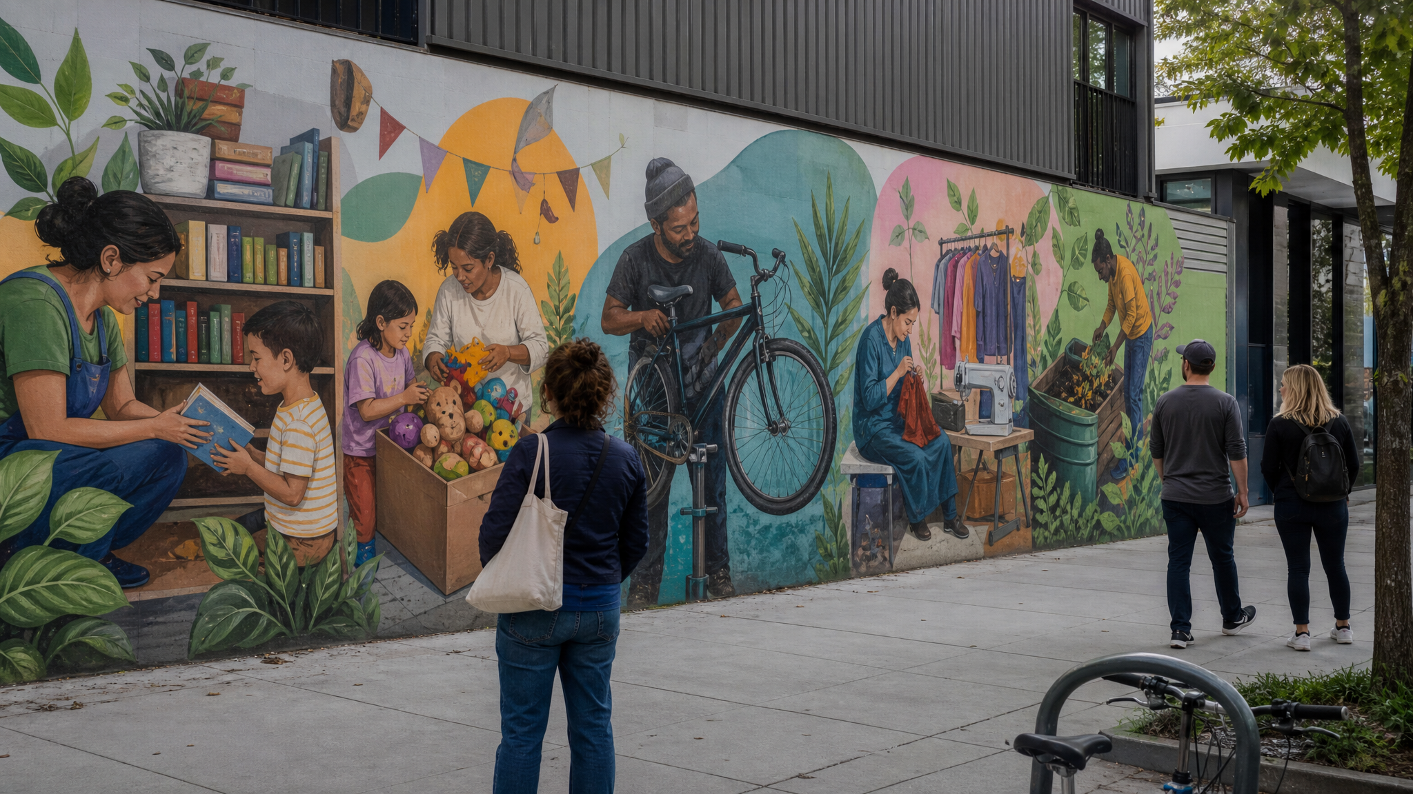 Street scene showing a long colorful public mural on an urban community hub wall, with illustrated motifs suggesting book swaps, toy swaps, bicycle repair, clothing repair.
