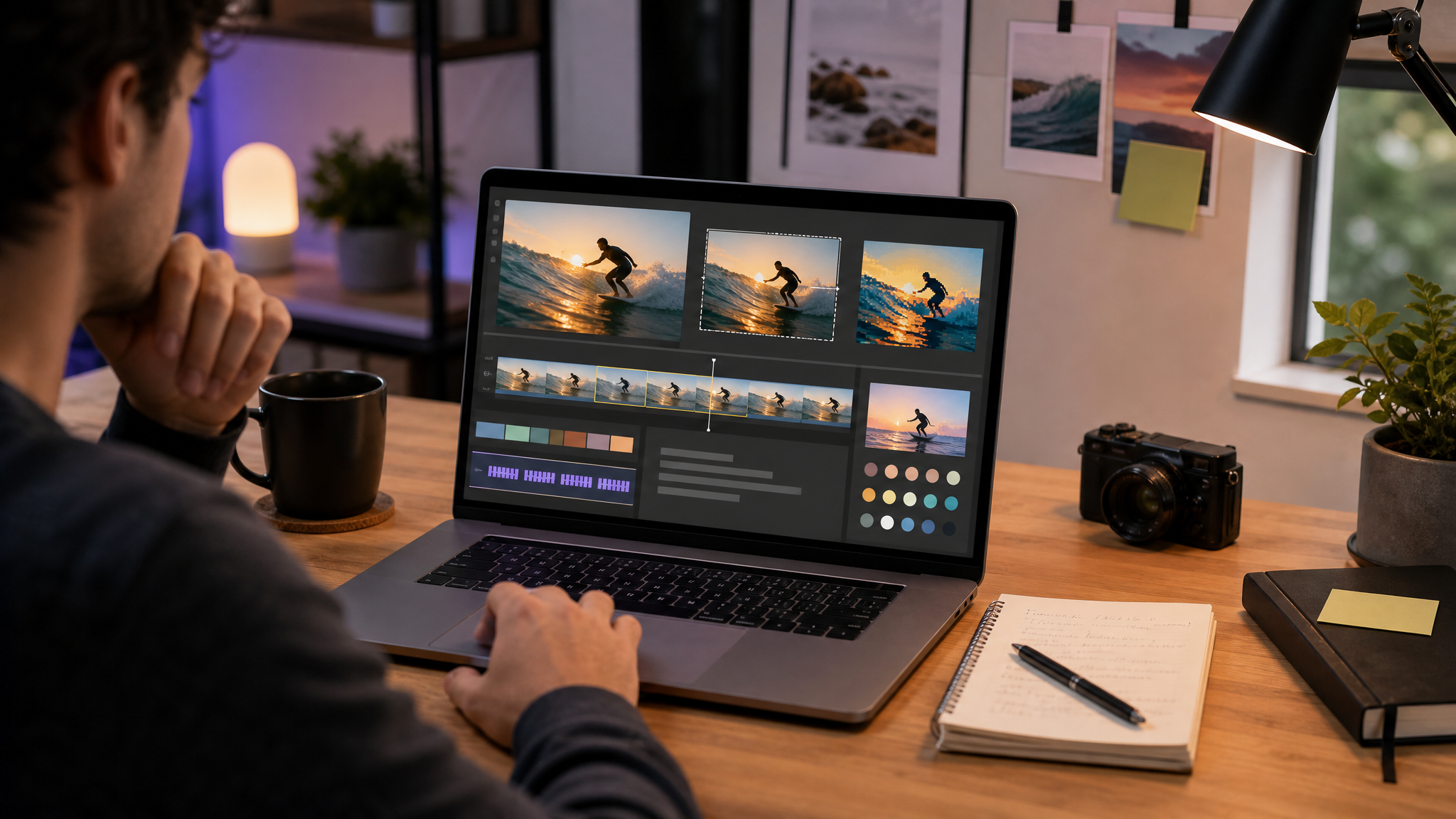 workspace scene showing a creator comparing browser-based video-to-GIF editing workflows on a laptop