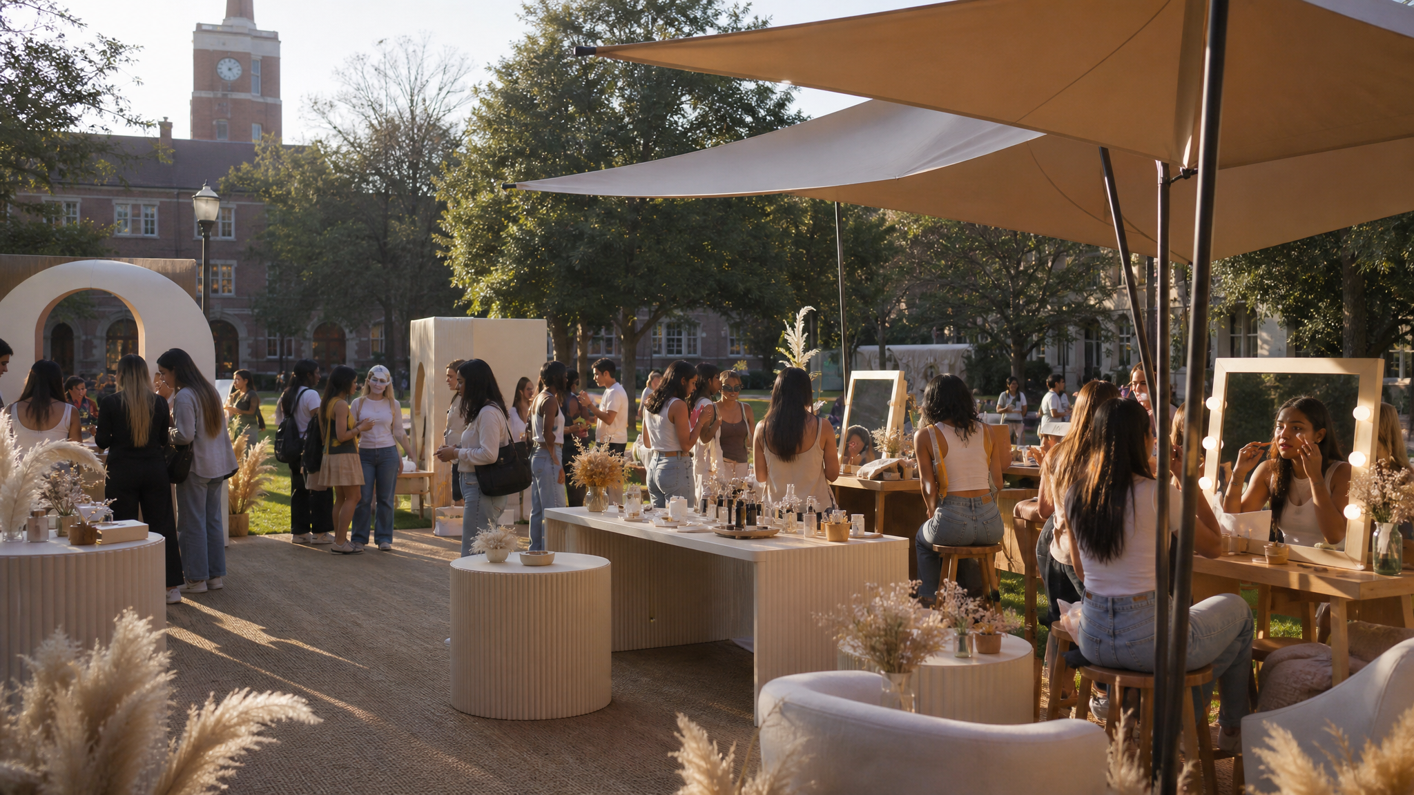 16:9 editorial scene of a college campus activation area at golden hour, stylish temporary booths and lounge zones arranged on a quad, students interacting with beauty stations.