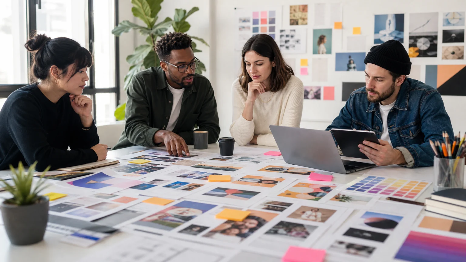 Scene of a brand team reviewing social graphic templates at a large table covered with printed layouts, color swatches, asset sheets, and sticky-note approval markers, with one.