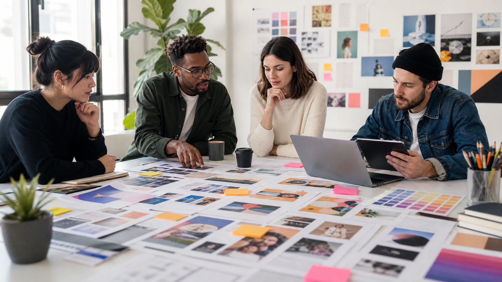 Scene of a brand team reviewing social graphic templates at a large table covered with printed layouts, color swatches, asset sheets, and sticky-note approval markers, with one.