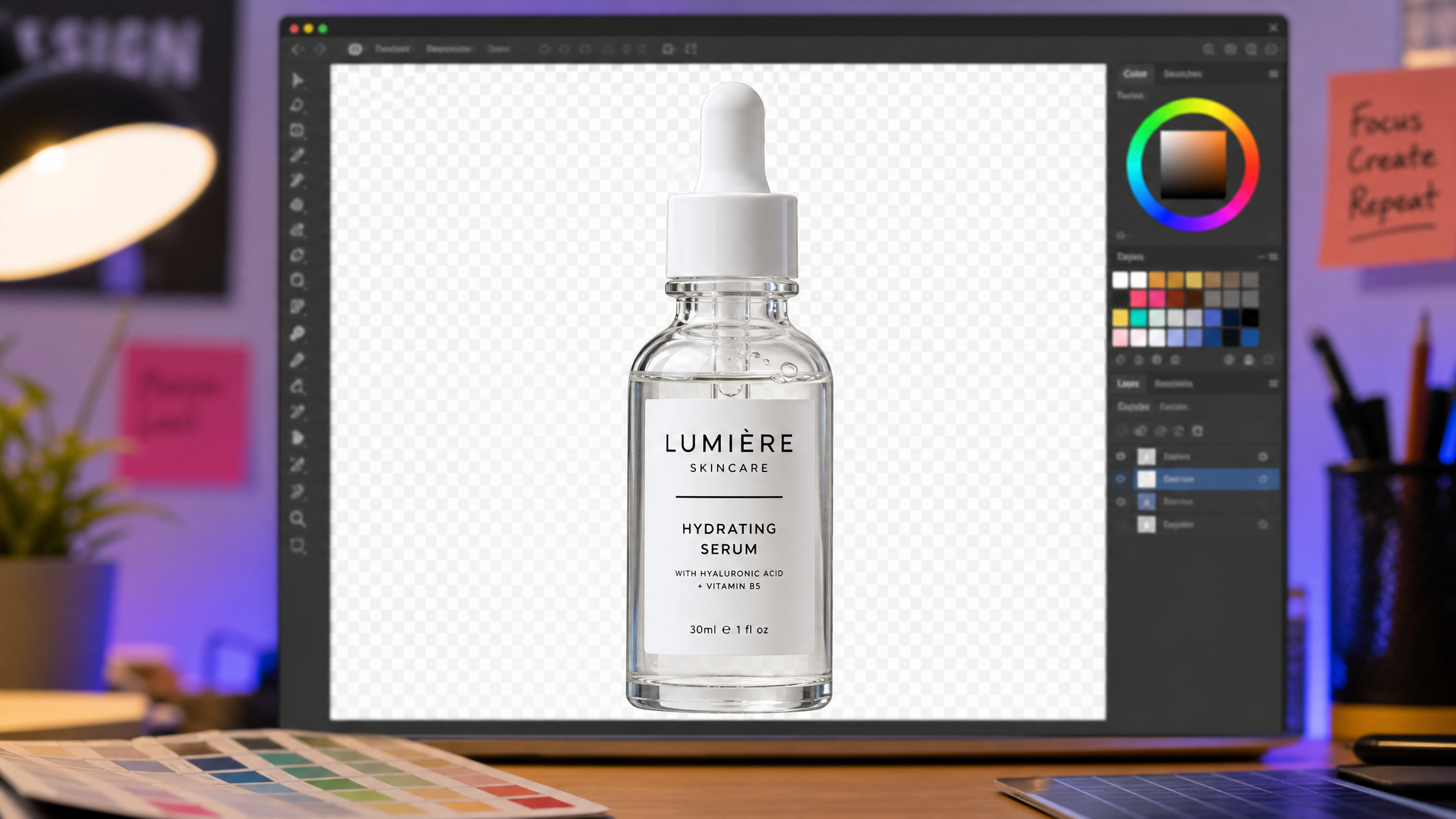 A close-up of a product image with a perfectly transparent background, showcasing crisp edges and fine details, against a blurred, colorful design workspace