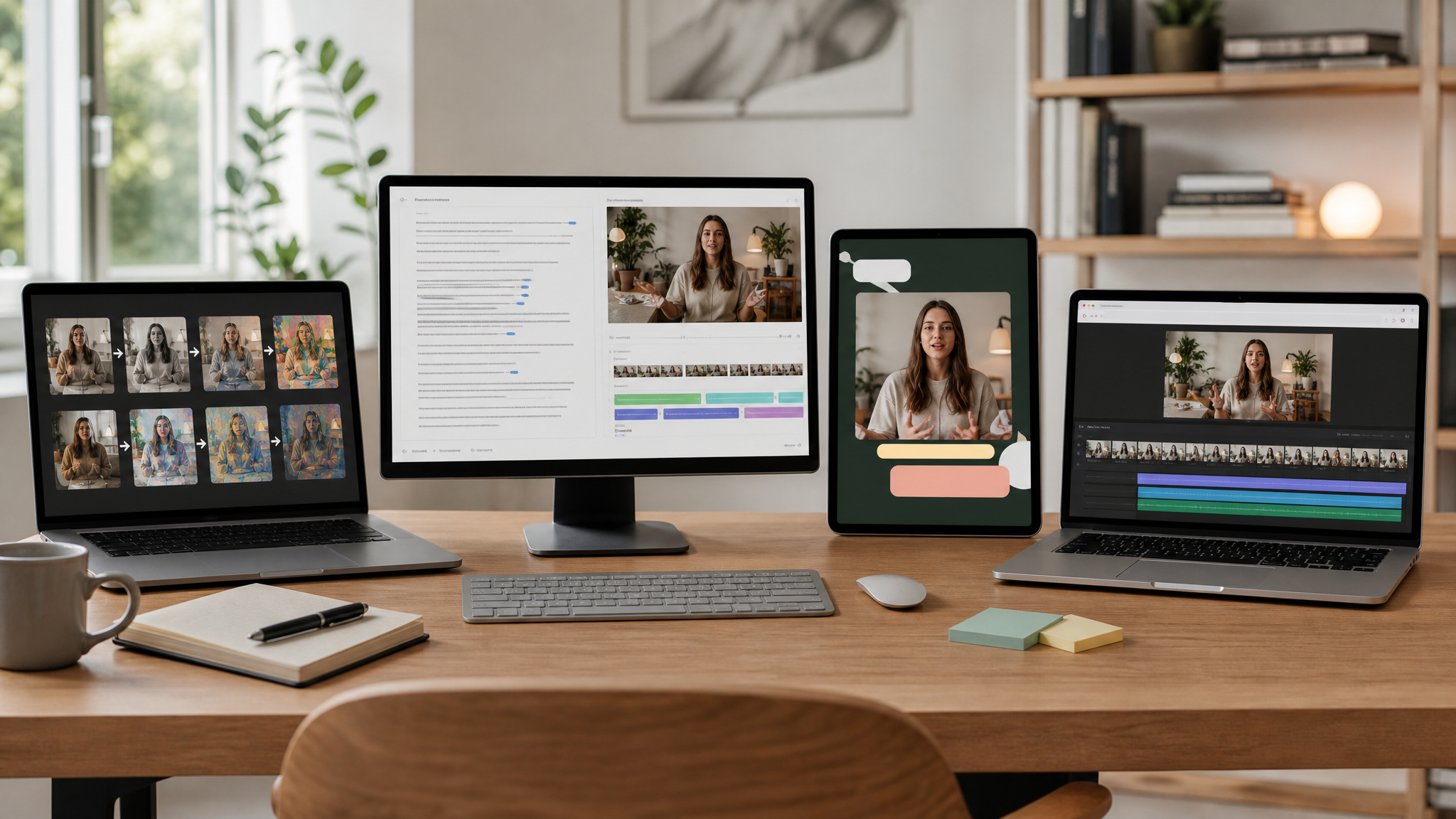 Workspace scene showing four distinct social video creation approaches side by side: an AI transformation storyboard, a transcript-based edit page, a design-led captioned.