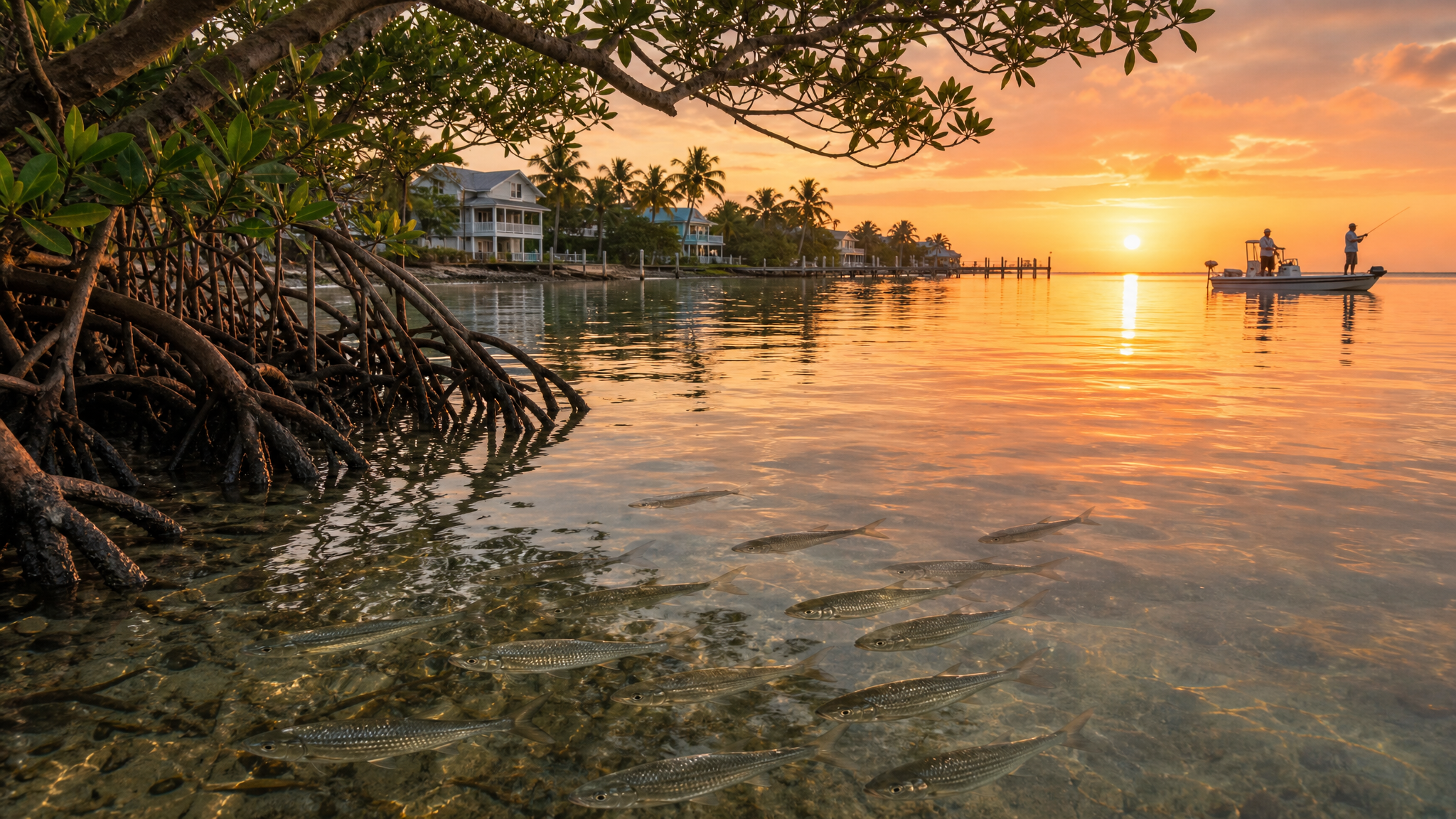 16:9 editorial illustration of a coastal Florida island environment at sunset, with mangrove roots in the foreground, a small school of mullet moving through shallow water.