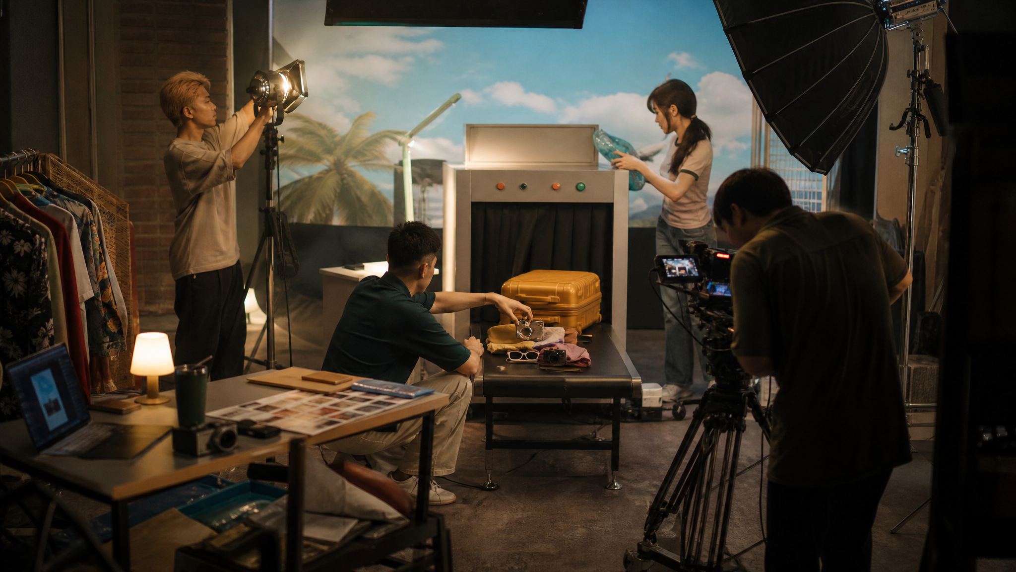 16:9 editorial scene inside a compact video production setup, small in-house creative team adjusting lights and props around a travel-themed set with a suitcase scanner vibe.