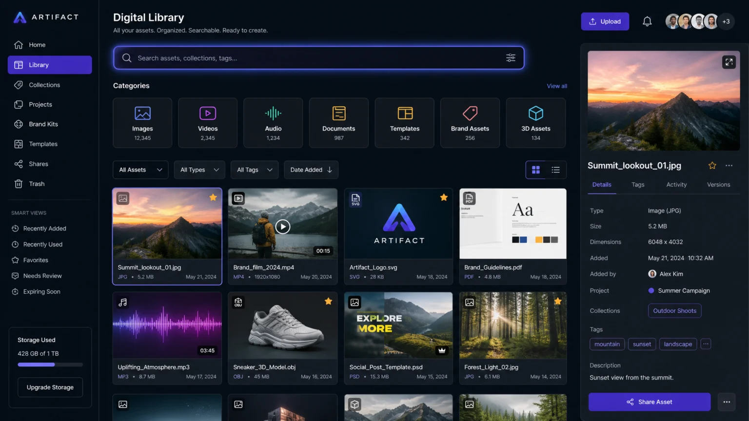 A visually organized digital library with glowing search bars and neatly categorized icons, representing efficient digital asset management for creative teams