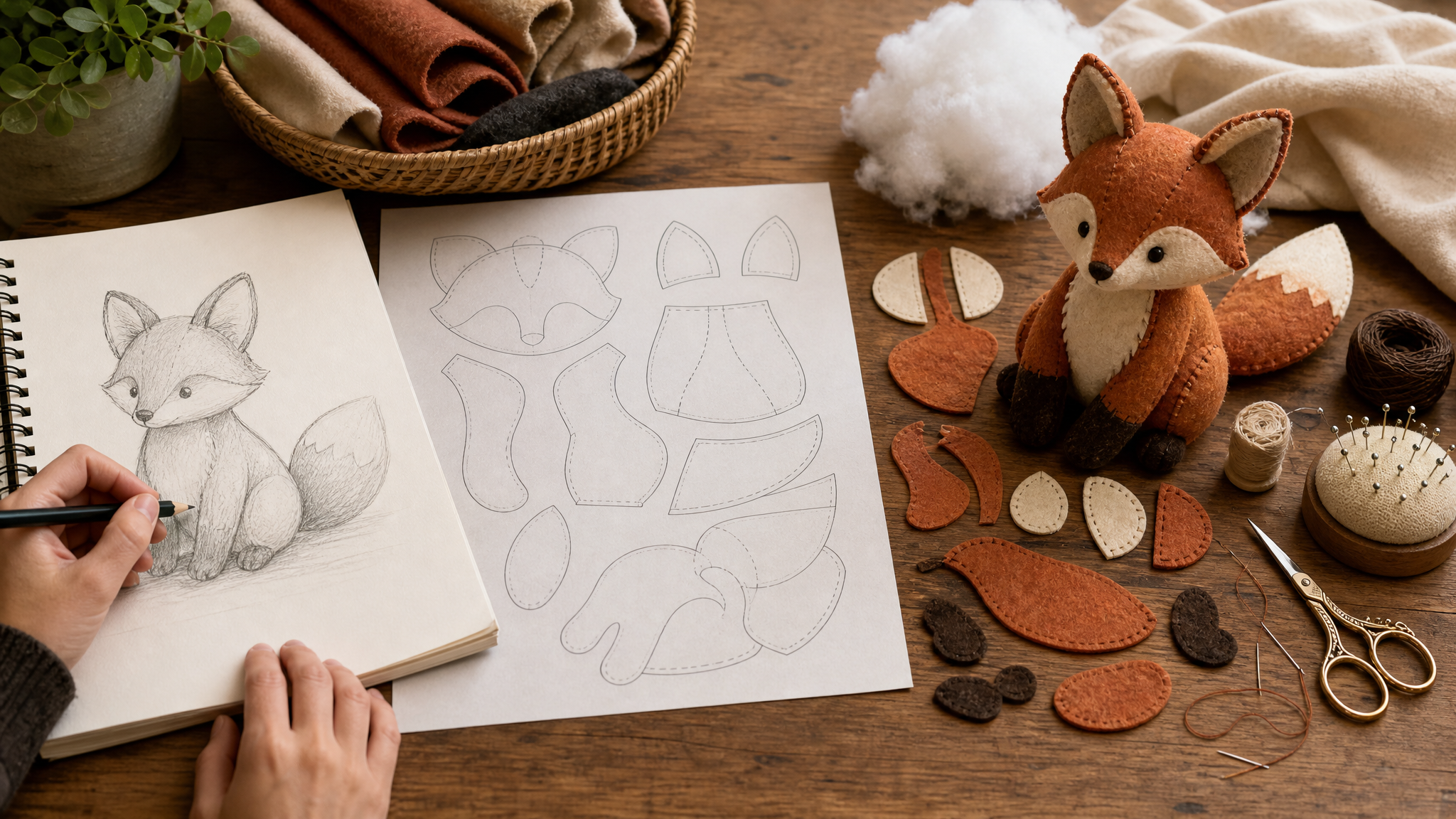 Studio scene showing a designer’s process across media: a hand sketch on paper beside a vector-like cut pattern, neatly arranged felt pieces, sewing tools, and a partially.