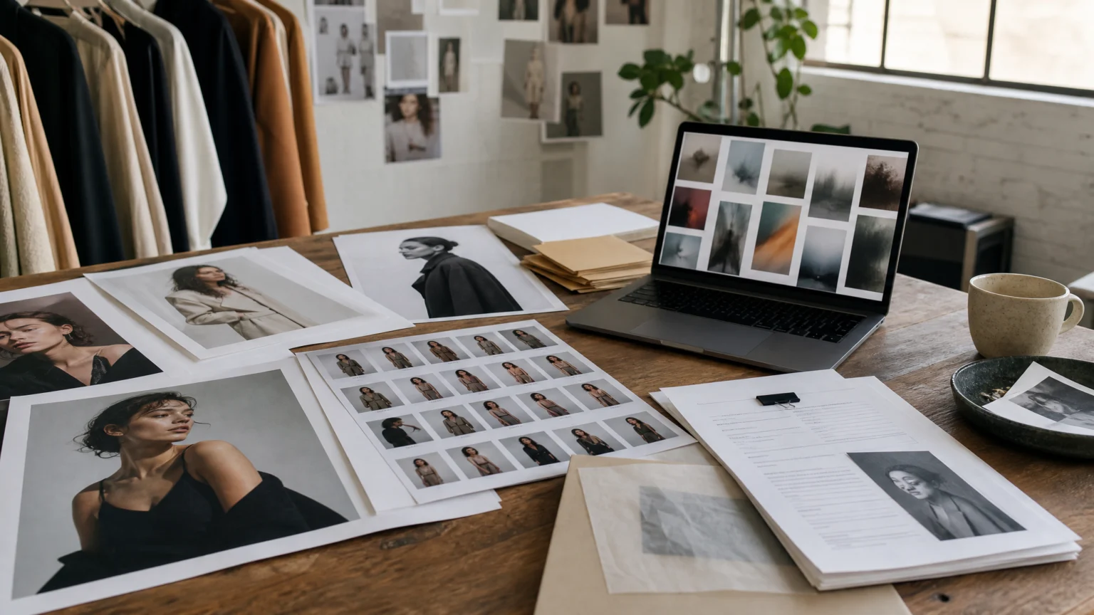 Scene in a fashion studio workspace: printed model photographs, contact sheets, release forms, and a laptop with abstract image variation thumbnails visible from a distance but.