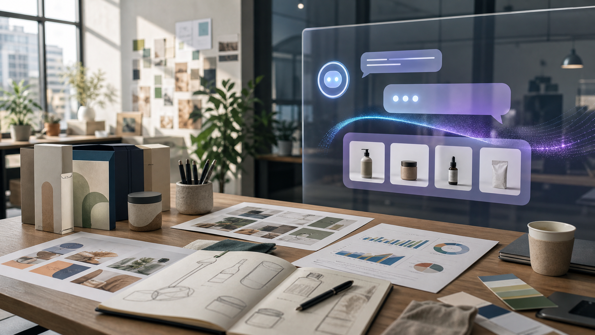 Scene showing a designer’s desk with product packaging, social content printouts, analytics charts, and a softly glowing conversational AI interface reflected on glass.