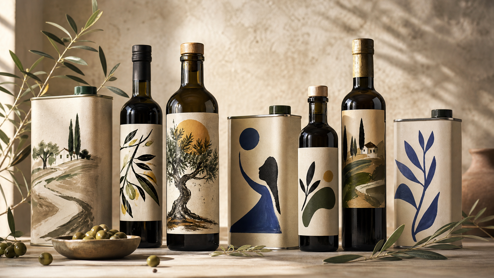 16:9 editorial still life of assorted olive oil bottles and metal cans on a studio table, each container featuring different expressive hand-drawn illustration styles while.