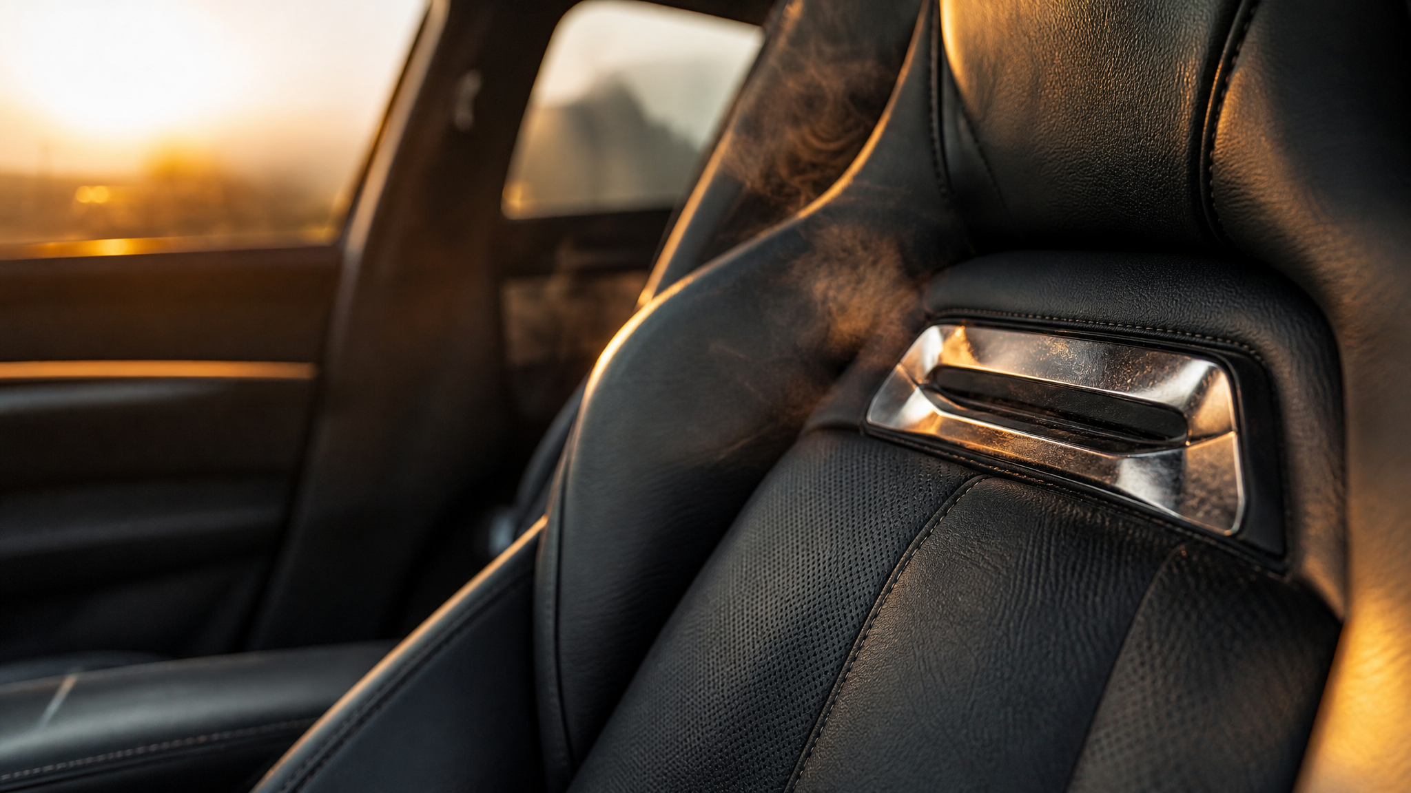 Scene inside a premium car interior, focusing on a close-up of a dark leather performance seat with a small metallic badge embedded near the upper backrest, warm sunlight.