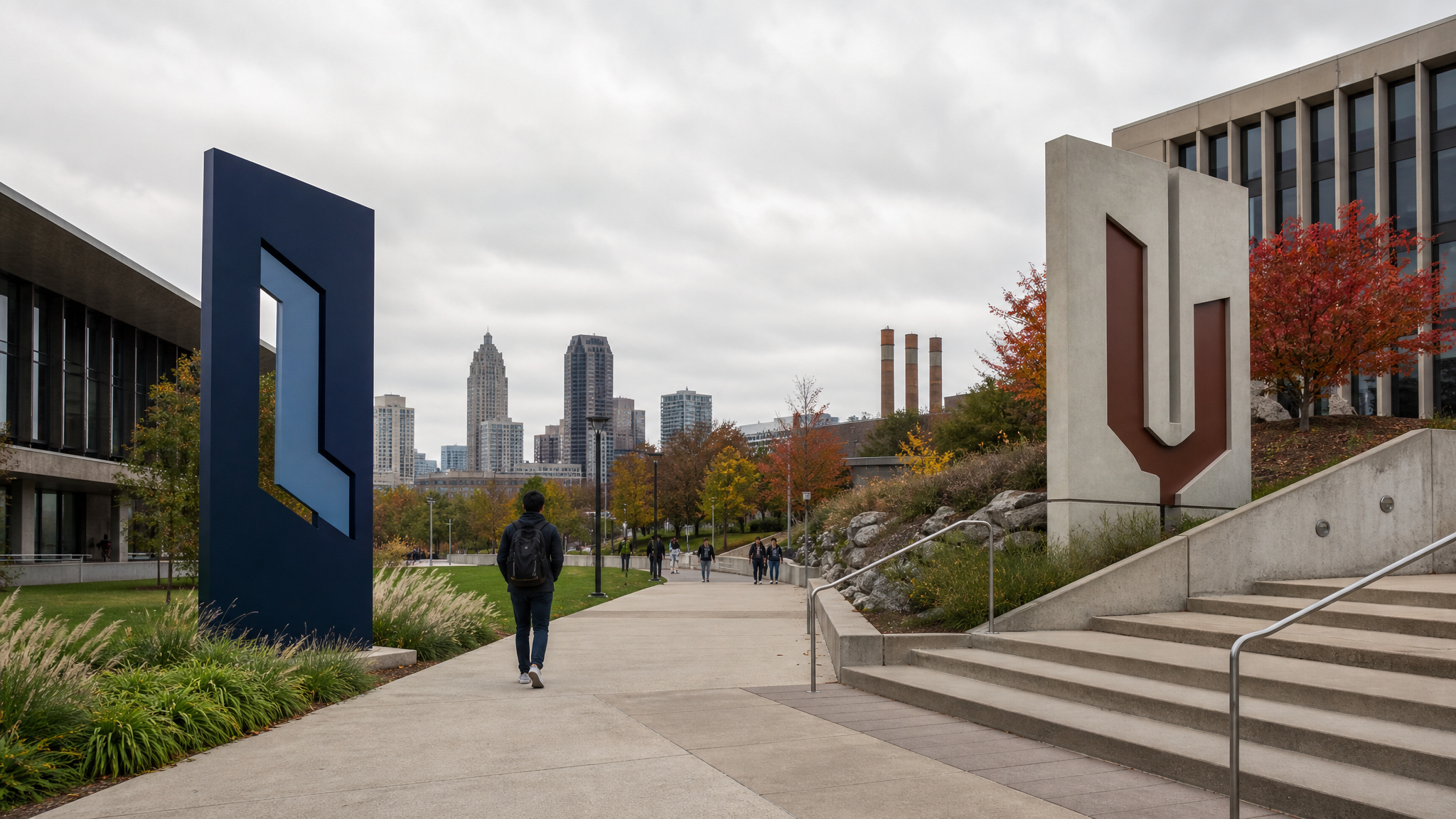 Scene showing two separate university campus sign systems at a city edge, both using abstract similar letter-based wayfinding forms without readable text, viewed from a.