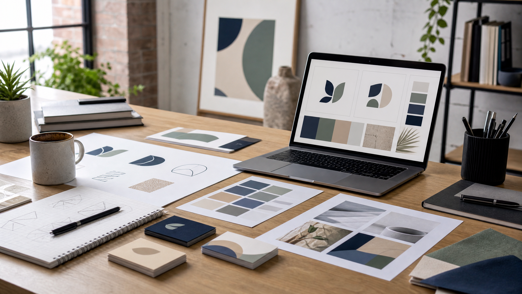 Workspace scene showing a designer’s desk with printed logo sheets, color swatches, business cards, social post mockups, and a laptop displaying abstract brand asset layouts.