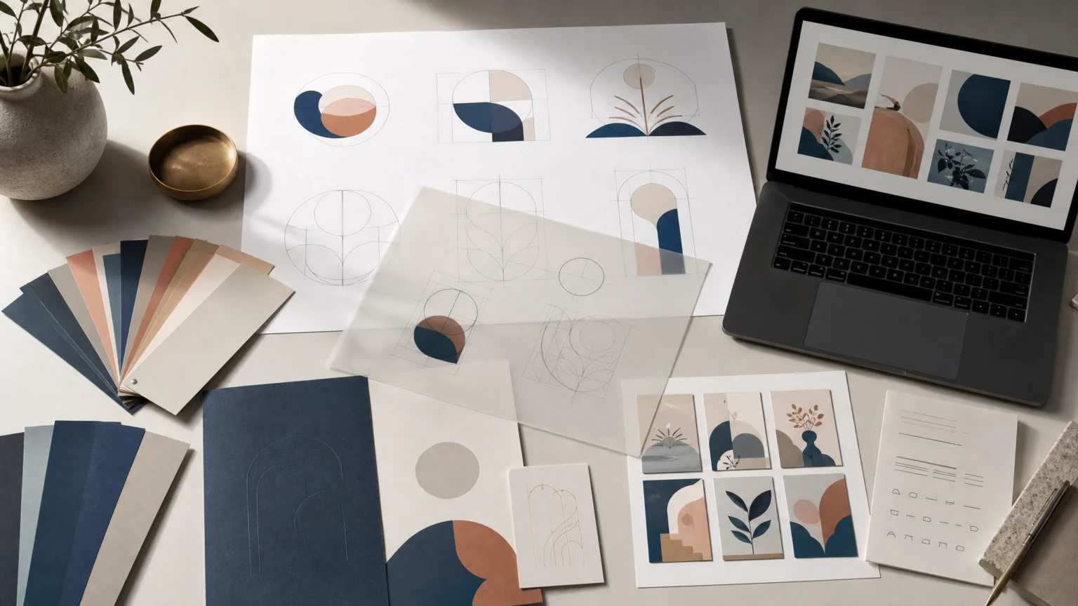 Still life of branded design handoff materials on a clean studio desk: printed logo sheets, transparent acetate overlays, vector-style line art, color swatches, font specimens.