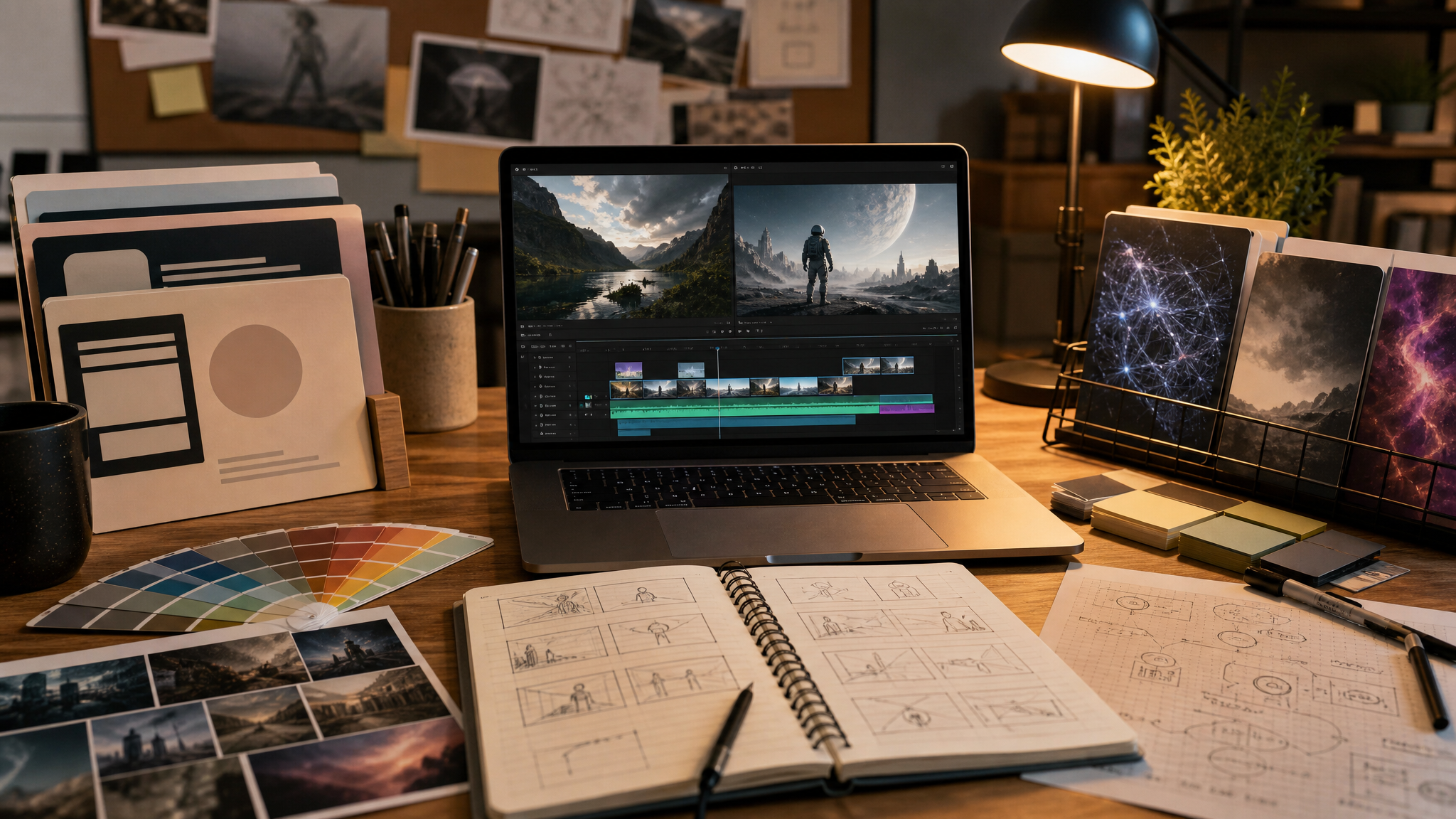 scene of a creative desk with a laptop showing a generic video timeline