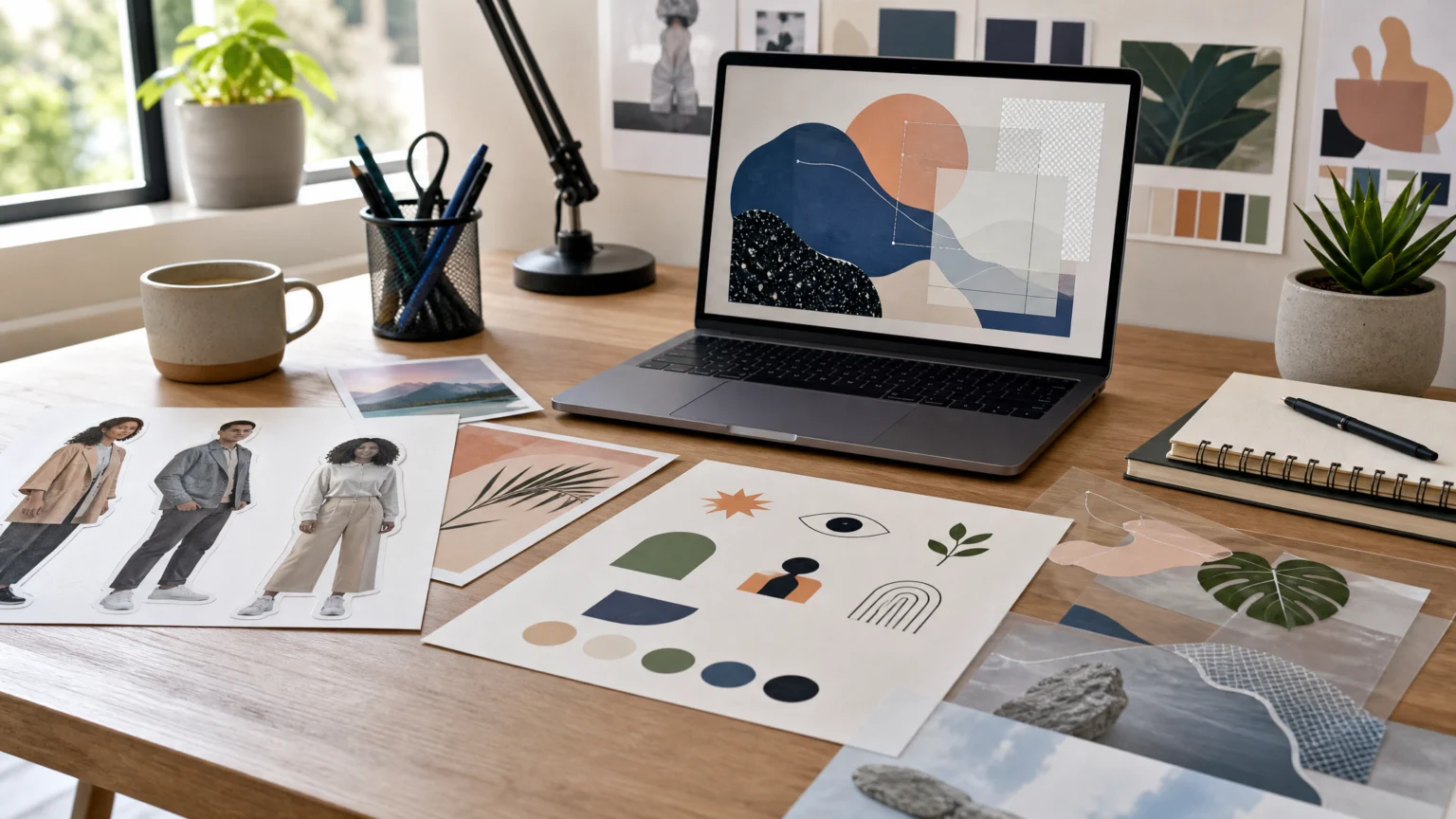 A clean 16:9 editorial workspace scene showing a designer’s desk with printed cutout photo silhouettes, vector icon sheets, layered transparent asset mockups, and a laptop.
