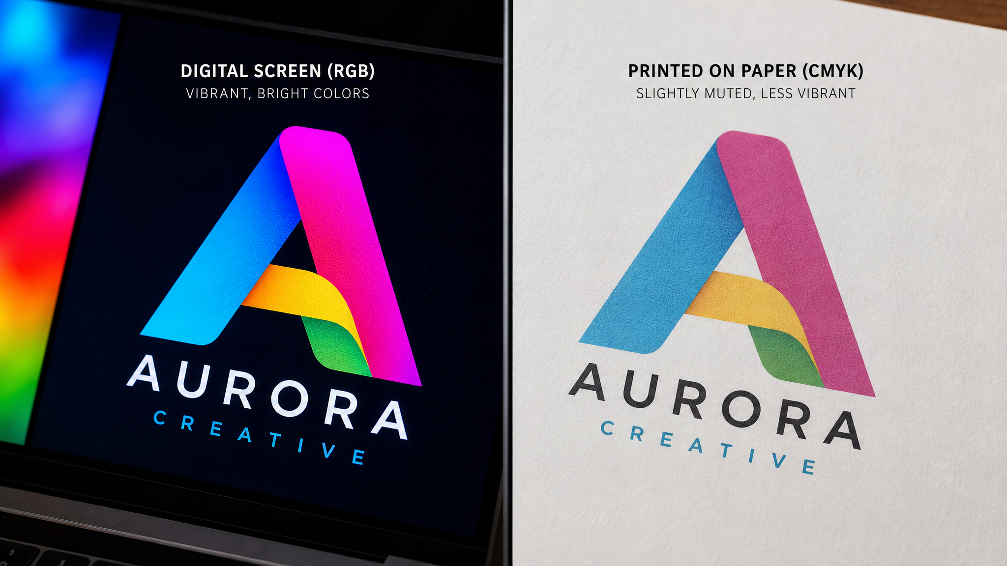 A split image showing a vibrant digital screen displaying a brand logo with bright RGB colors on one side