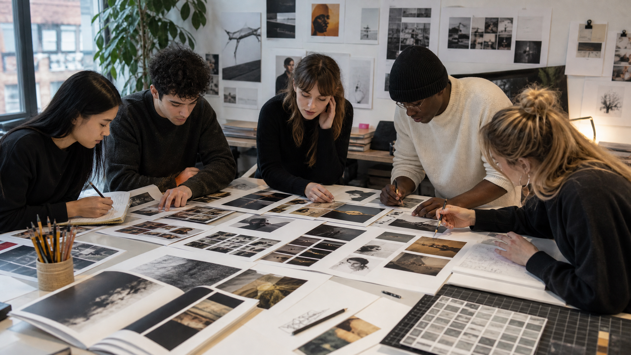 Scene of a design studio table covered with beautifully arranged magazine spreads, crop marks, typographic printouts, contact sheets, grid sketches, and pencils, with diverse.