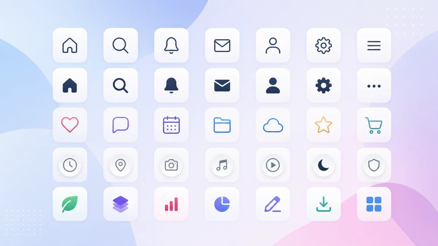 A grid of minimalist, clean UI icons from different sets, subtly blending together but showing distinct styles, on a modern, abstract background with soft gradients
