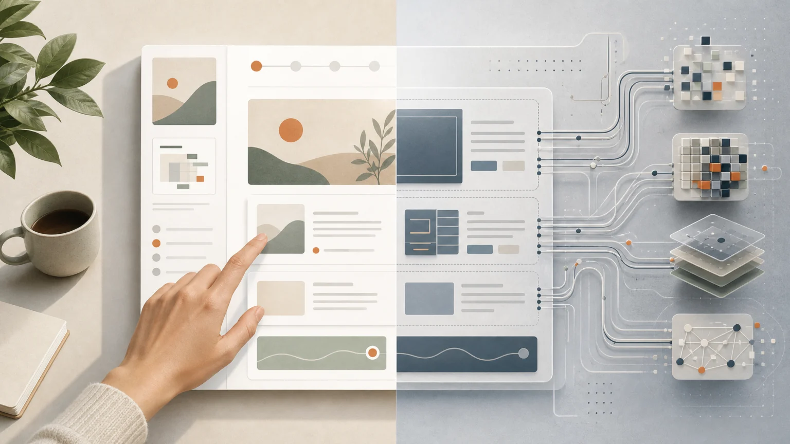 16:9 editorial illustration of a modern website workspace split into two modes of reading: on one side a human hand navigating a clean interface, on the other abstract.
