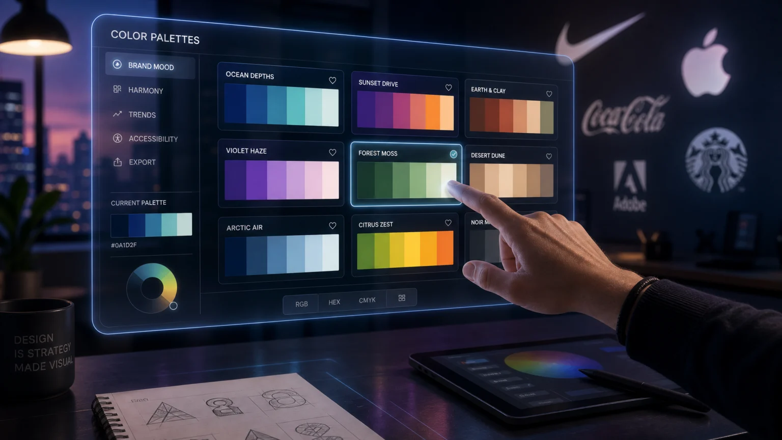 A designer's hand interacting with a holographic interface displaying various color palettes, with brand logos subtly integrated into the background