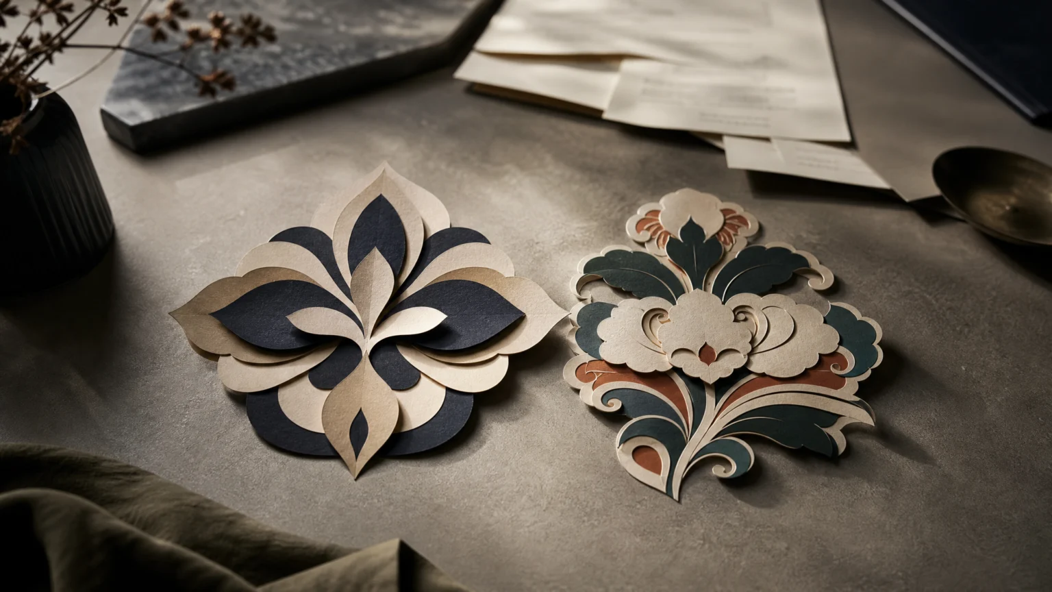 Create a 16:9 editorial scene of two refined floral emblems suggested through abstract paper cut shapes on a neutral tabletop, one evoking luxury patterning and one evoking.