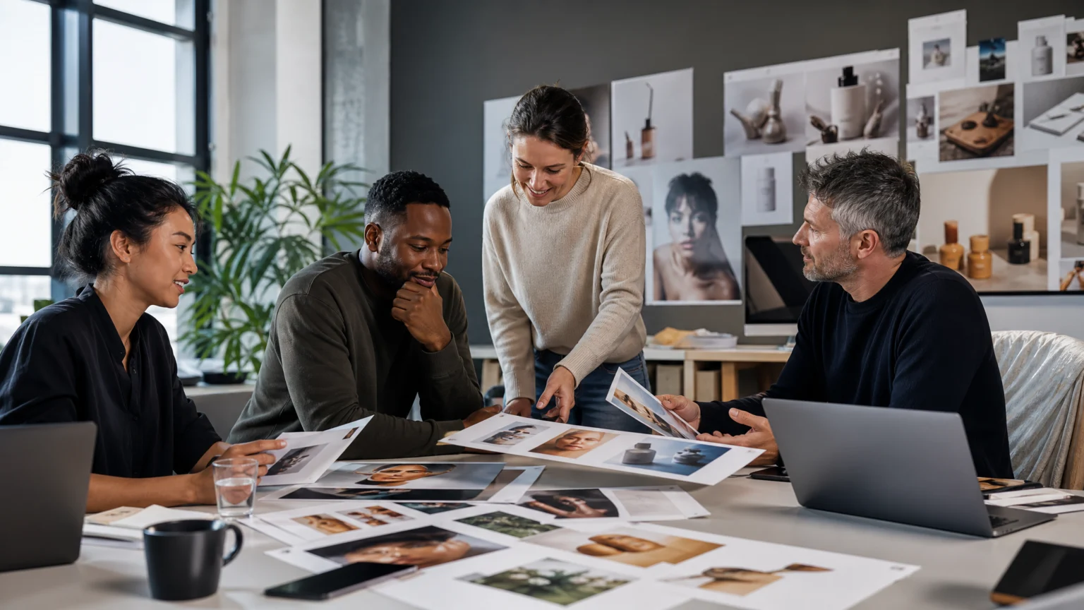 Fresh 16:9 editorial visual of a modern marketing team reviewing AI-generated campaign imagery and product visuals in a creative studio setting, with mood boards, printed photo.