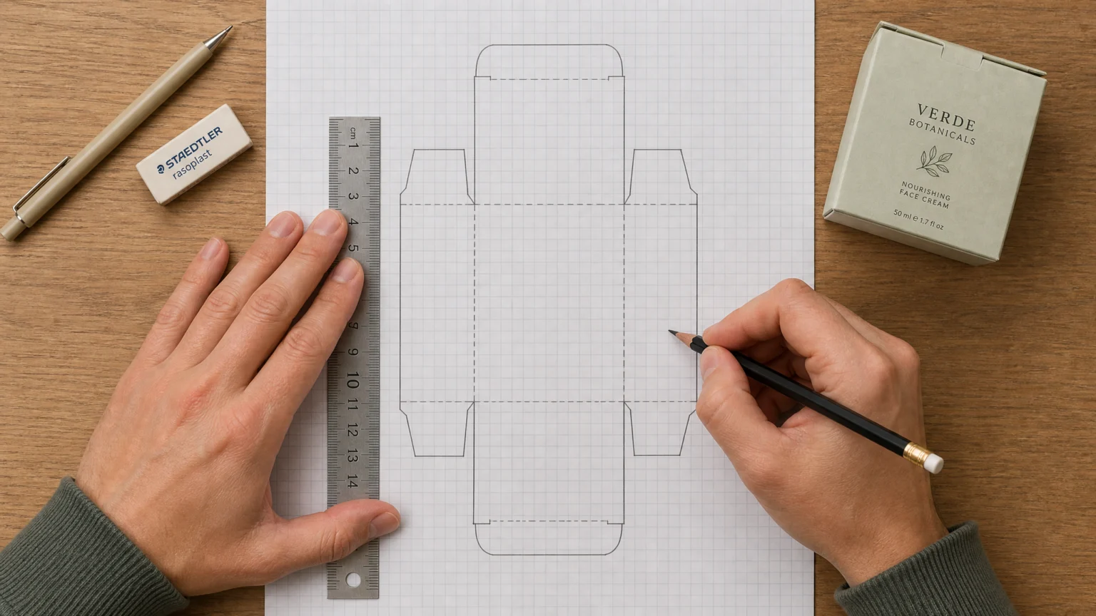 A top-down view of hands using a ruler and pencil to draw a precise dieline on graph paper, with a small, finished product box prototype in the background