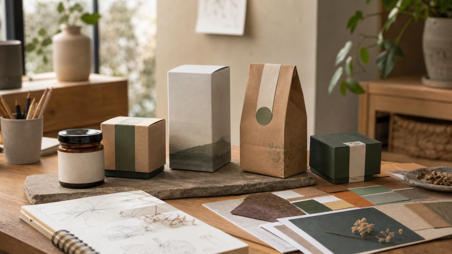 Photograph of a designer’s table with several finished small-business product packages made from paper, boxboard, and labels, arranged neatly beside material swatches.