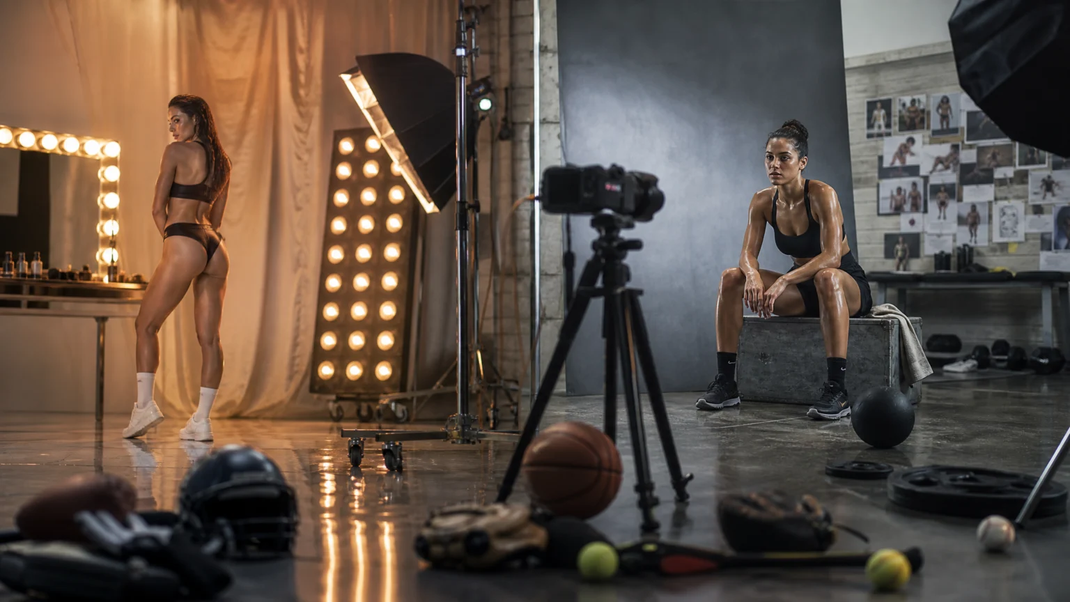 Scene inside a modern photo studio set for a sports campaign, with scattered sports equipment in the foreground, a camera on tripod, lighting stands, and a mood board wall.