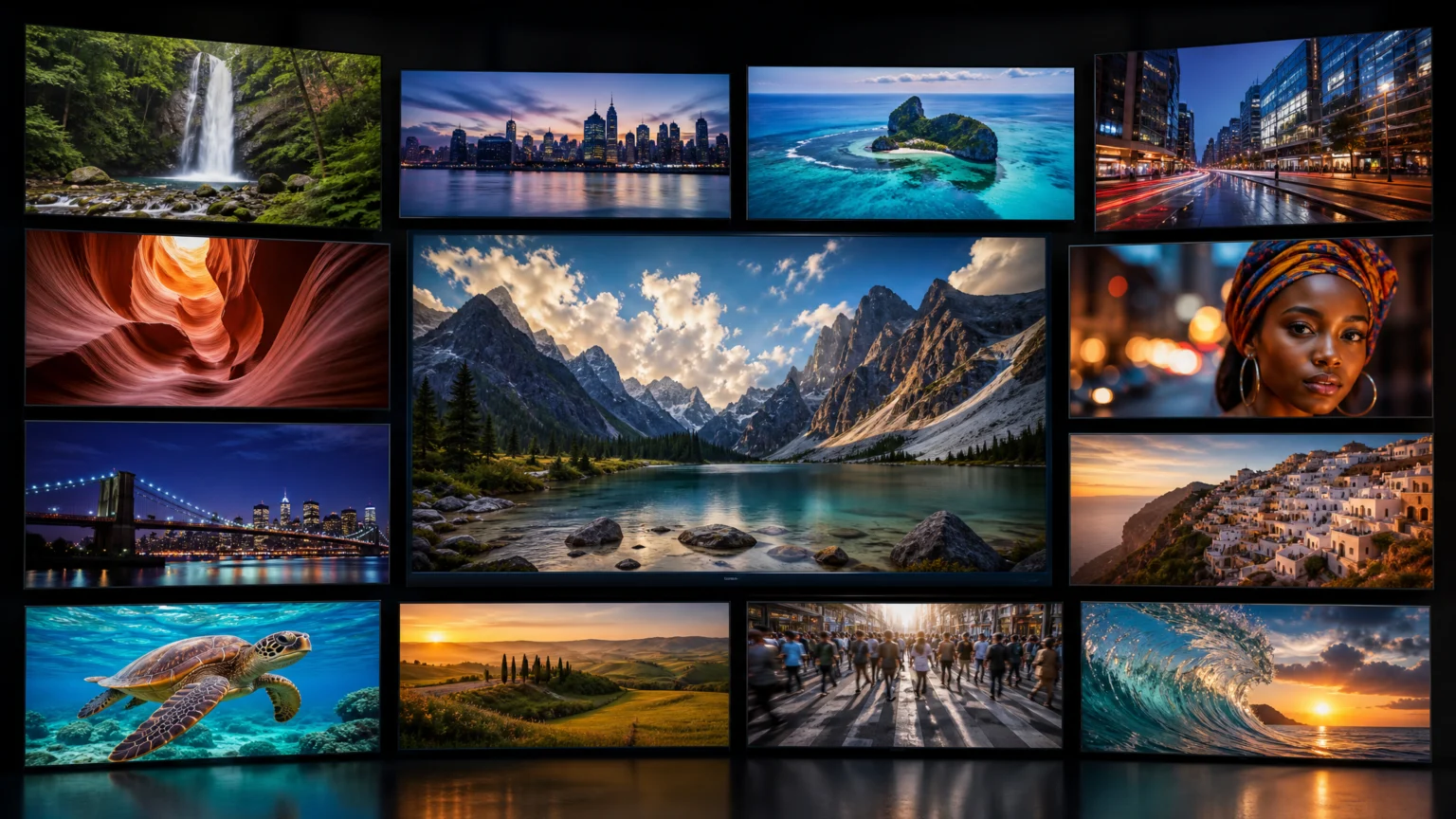 A diverse collection of high-quality video clips displayed on multiple screens