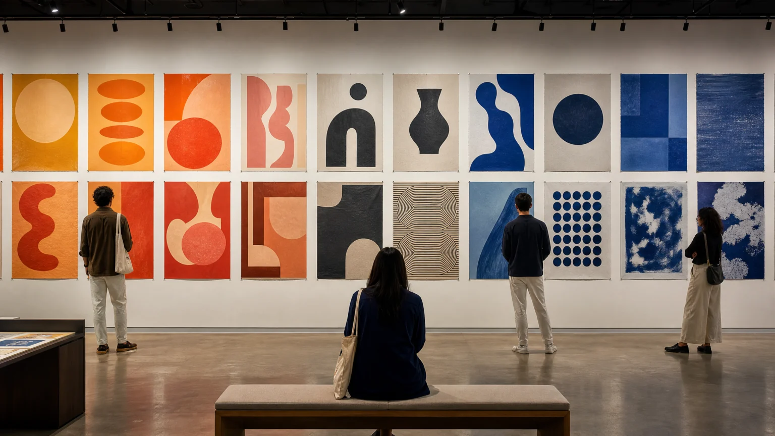 Scene inside a refined typography gallery, walls covered with diverse graphic posters arranged in color groups from warm oranges to cool blues, visitors quietly observing, soft.