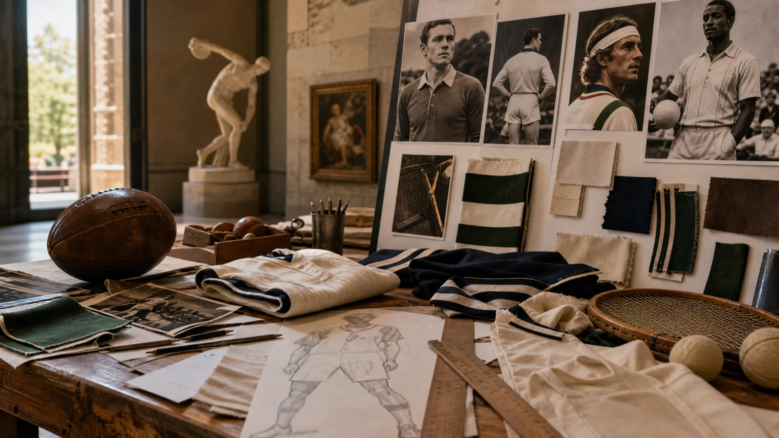 Sports branding scene showing a designer's table with vintage-style football uniform fabric, collectible memorabilia objects, tennis materials near an art museum setting.