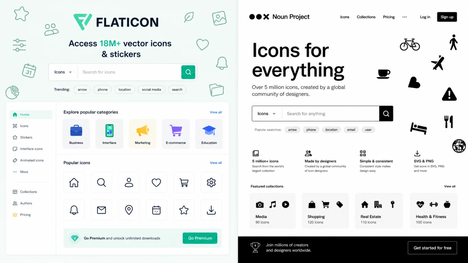 Editorial illustration for Flaticon vs. Noun Project: Icon Library Comparison