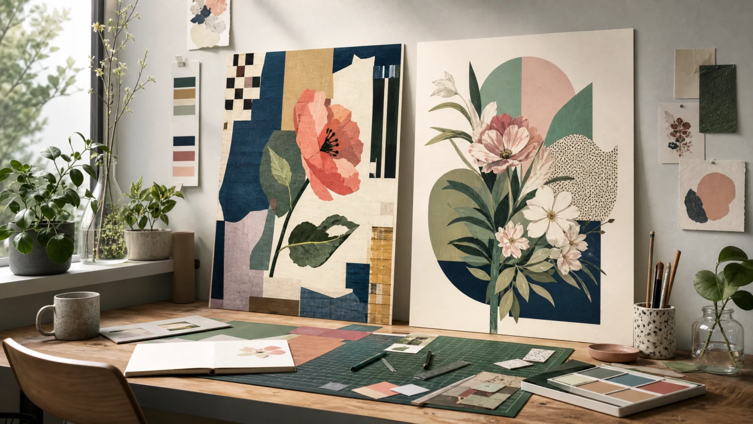 16:9 editorial scene of a designer’s workspace with two distinct art posters in progress, layered paper textures, vector shapes, pixel details, floral typographic forms, color.
