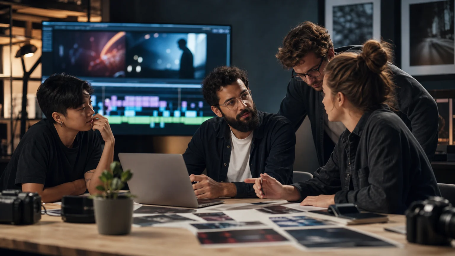 A fresh 16:9 editorial scene of a creative brand team reviewing video footage in a modern studio, with a large monitor showing abstract color-rich video frames.