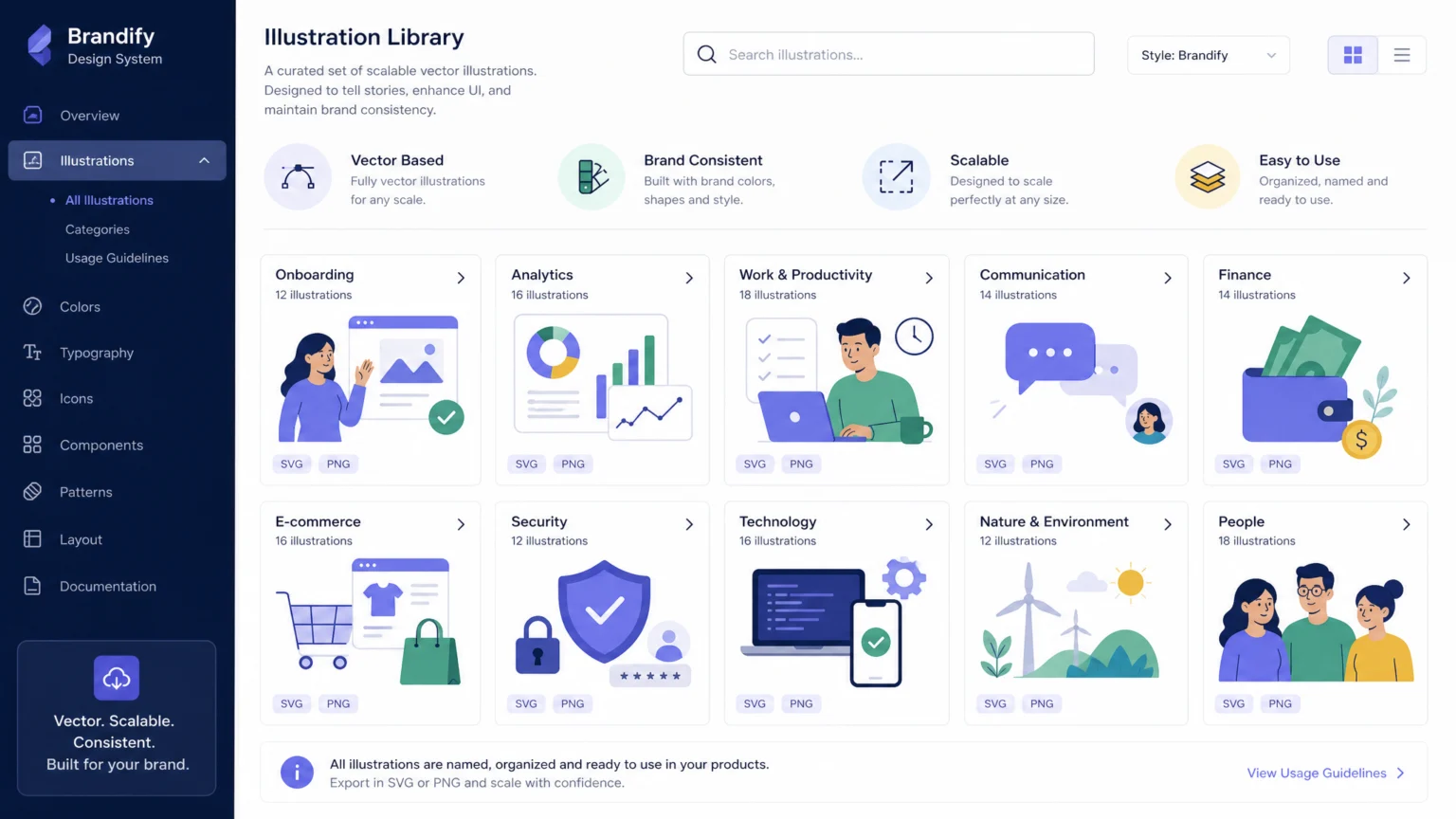 A neatly organized digital library of vector illustration components, with clear labels and a consistent visual style, implying scalability and brand consistency
