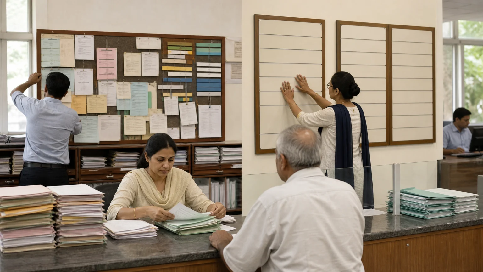 Scene inside a public service office, with stacks of forms, wall directories, pension paperwork, and noticeboards being updated by hand, emphasizing the visual shift from mixed.