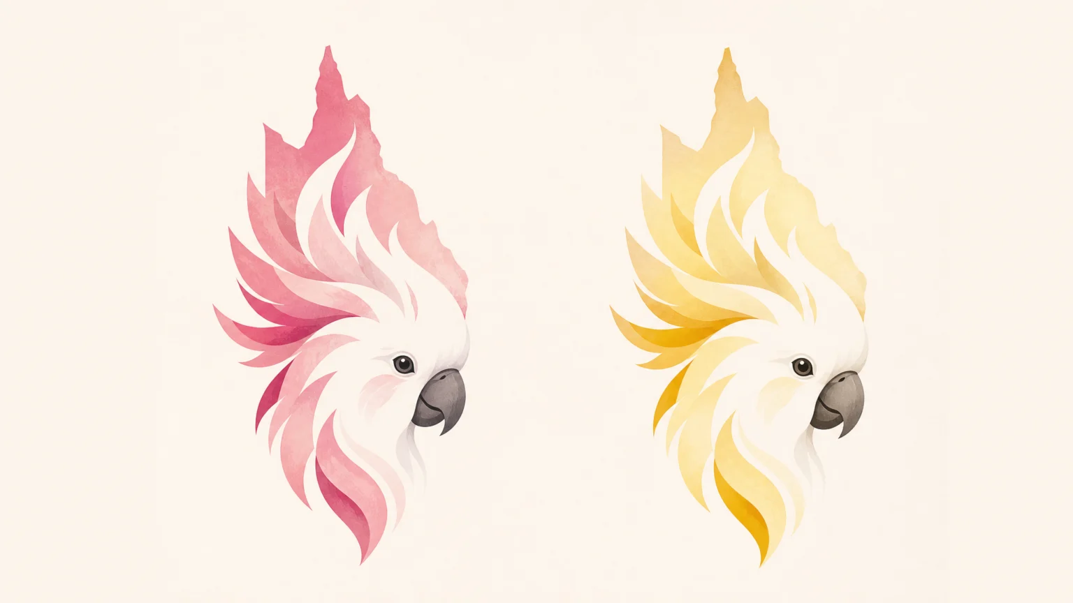 Illustration of two stylized cockatoo-inspired emblems built from a shared silhouette but differentiated by pink and pale yellow color fields, with feather forms suggesting.