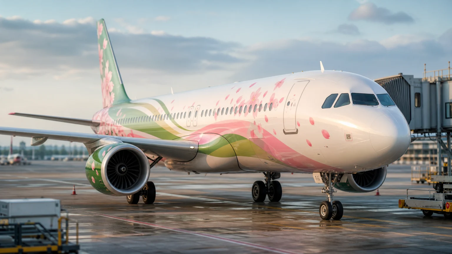 Scene of a modern commercial airplane on an airport apron at soft daylight, viewed three-quarters from the front, with a graceful green-and-pink inspired livery flow.