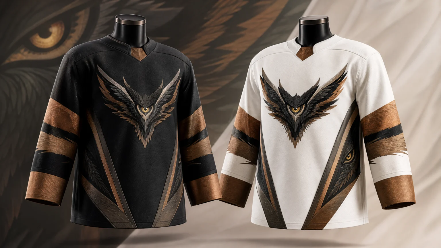 16:9 editorial sports design scene showing two modern hockey jerseys on mannequins in a softly lit studio, one home and one away, with a bird-inspired crest featuring a.
