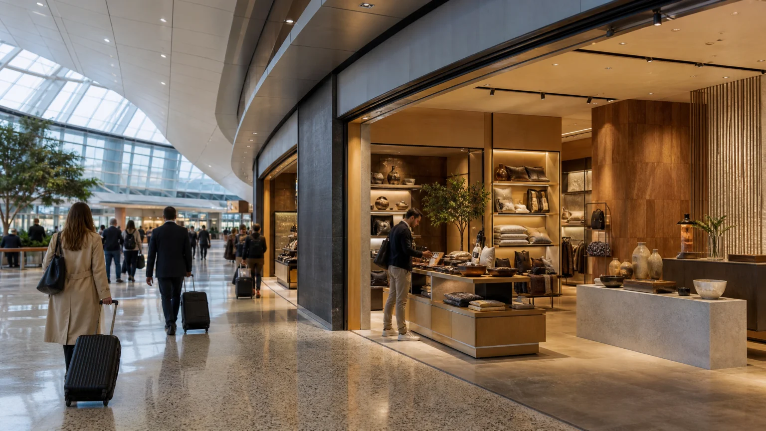 Scene inside a modern airport concourse showing a premium retail storefront viewed from a slight angle, hurried travelers passing by with luggage while one shopper pauses.